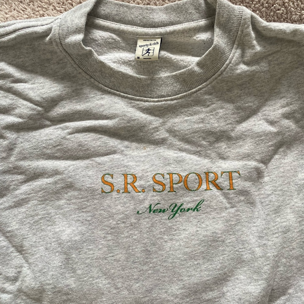 Sporty & Rich Light Gray Crewneck Sweatshirt with Navy Tag